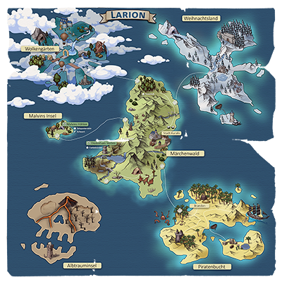 World map of Larion with the five regions